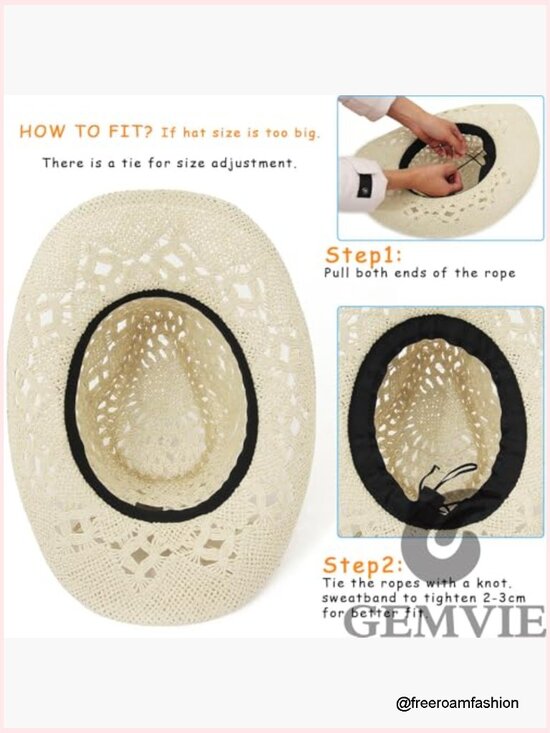 Hollow Out Cowboy Straw Sun Hat Roll Up Brim Adjustable Packable